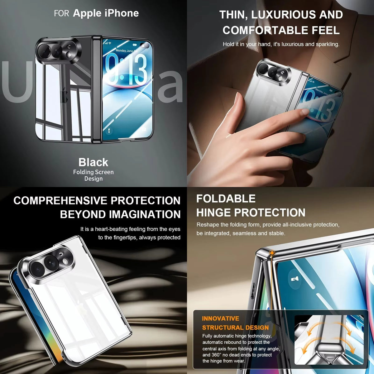 For iPhone Duo Anti-Drop Case with Central Axis Hinge High-Definition Tempered Film Case and Film Integrated